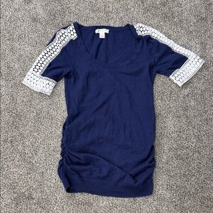 Motherhood Short Sleeve Top in Navy and White